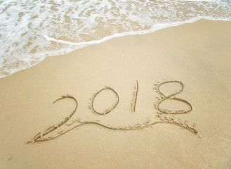 2018 written in sand write on tropical beach