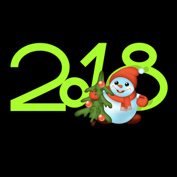 Happy New Year and Merry Christmas 2018 greeting card. Snowman and Christmas tree.