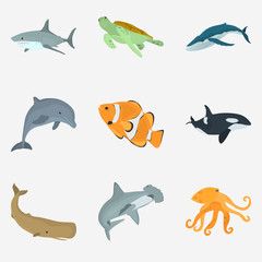 Set of sea animals color flat icons for web and mobile design