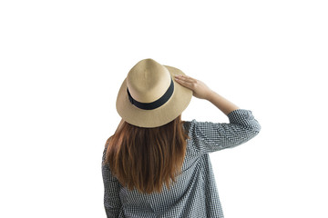 Asian tourist women from the back - looking at something isolated over white background