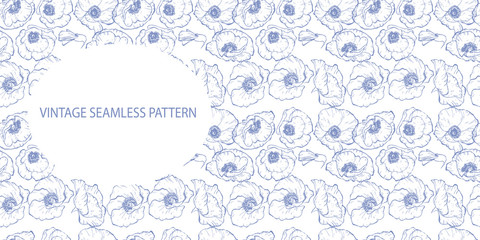 Seamless pattern with blue contoured poppy flowers and place for your inscription. Vector illustration.