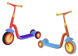 Two cute color kick scooter. Push scooter isolated on white background. Eco transport for kids. Vector illustration.
