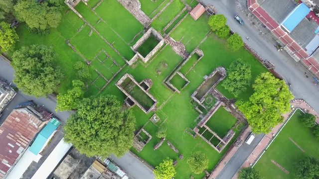 Aerial scene from drone: Ruins of hao Phraya Vichayen, Historical Building and the famous public temple in Lopburi, Thailand