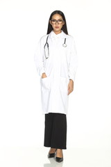 Full length stand of Smart Doctor woman with stethoscope on neck with glasses