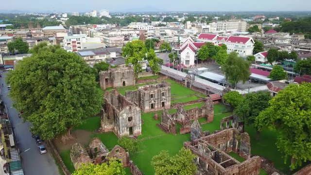 Aerial scene from drone: Ruins of hao Phraya Vichayen, Historical Building and the famous public temple in Lopburi, Thailand
