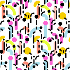 Geometric abstract seamless pattern. Linear motif background. Colorful shapes of curves, strokes and dots