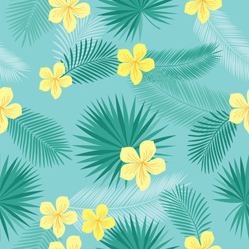 Seamless pattern with tropical leaves and summer pink flowers for textile, wallpapers, gift wrap, covers and scrapbook. Vector illustration. © tkoko
