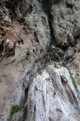 Limestone wall with tourist climbing in Krabi province at Thailand.