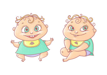 Vector color cartoon illustration joyful child. The chubby funny curly kid with big eyes. Cheerful and calm baby in turquoise clothes and a bib.