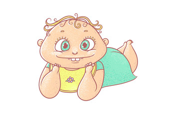 Vector color cartoon illustration joyful child. The chubby funny curly kid with big eyes. Cheerful and calm baby in turquoise clothes and a bib lying on stomach..