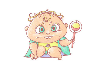 Vector color cartoon illustration angry child. The chubby curly frown kid in turquoise clothes and a bib. Unhappy baby with a rattle in his hand.