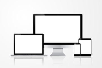 Realistic Computer, Laptop, Tablet and Mobile Phone with White Wallpaper Screen Isolated. Set of Device Mockup Separate Groups and Layers. Easily Editable Vector.