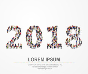 Large and diverse group of people seen from an aerial perspective, gathered together in the shape of number 2018.