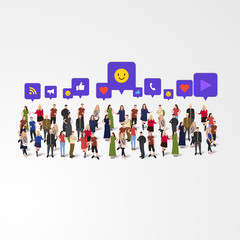 Large group of people with different signs: like, thumb up, phone call, heart, play, wifi, share. Social network concept. Vector illustration.