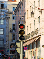 Red traffic light for buses in Lisbon, Portugal.