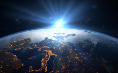 sunset over planet Earth, the city light of Europe