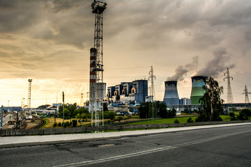 Panorama of a thermal power station. Cooling tower, turbine, generator.