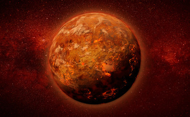 alien planet with lava streams in a star field 