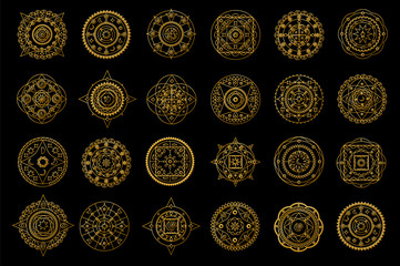 Golden mandalas on black background. Boho style vector design elements.
