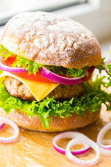 Food. burger, bright background