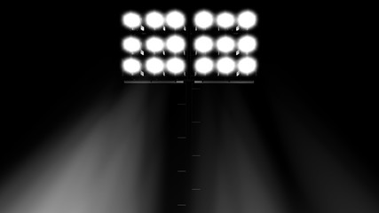 stadium flood lights turned on on a black background 3d render illustration front