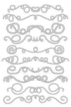 Rope text dividers in black and white. Summer marine vector clipart.