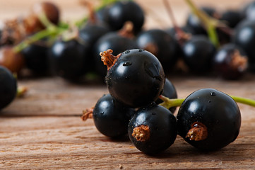 Black currant berries on an old wooden background.
