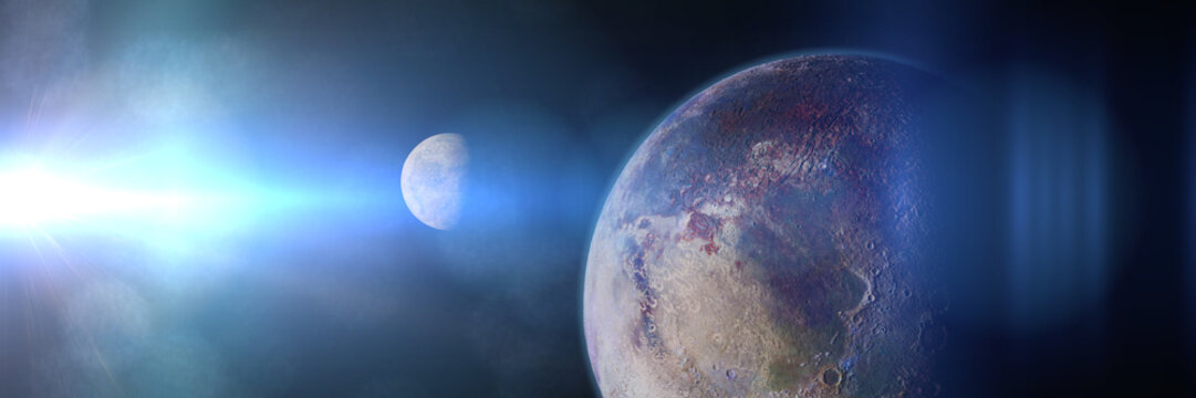exoplanet and exomoon lit by an alien sun