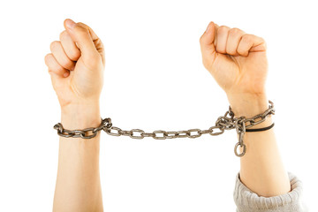 Chained man hands with chain around wrists