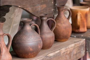 Exhibition and sale of pottery handmade / Exhibition and sale old fashioned clay pitchers handmade