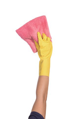Hand in yellow gloves with rag isolated on white background