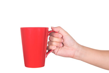 hand holding red coffee cup isolated on white background.