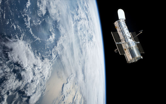 Hubble Space Telescope orbiting planet Earth (3d rende)