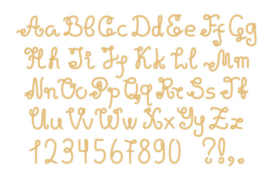 Yellow nautical rope alphabet, hand-drawn vector letters and numbers.