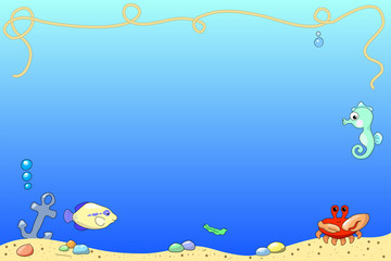 Fototapeta na wymiar Marine background with sea animal and sand sea bottom. Aquarium vector illustration with place for text.