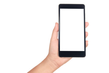 Hand holding smartphone isolated on white background
