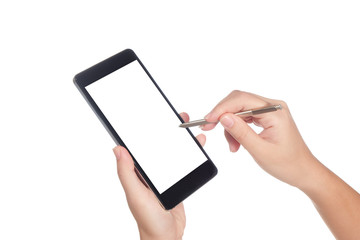 Hand holding smart phone and touch pen writing on screen isolated on white background