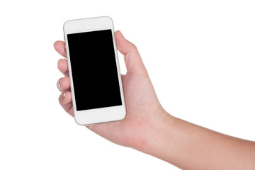 Hand holding smartphone isolated on white background