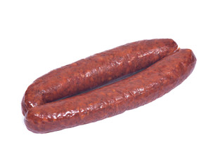 Guylai kolbasz, hungarian smoked sausage isolated on white background
