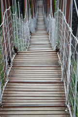 Rope bridge with selective  focus. Vertical picture.