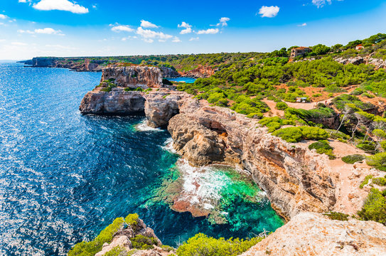 Stunning island scenery of Majorca, cliff-line at the rocky coast of Santanyi, Spain Mediterranean Sea