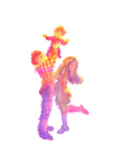 Watercolor silhouette of happy smiling young parents and baby. Hand drawn family on white background. Painting children and fashion illustration in rainbow style. Happy fathers day celebrating