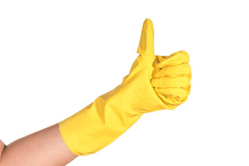 Hand in rubber glove thumb up isolated on white background
