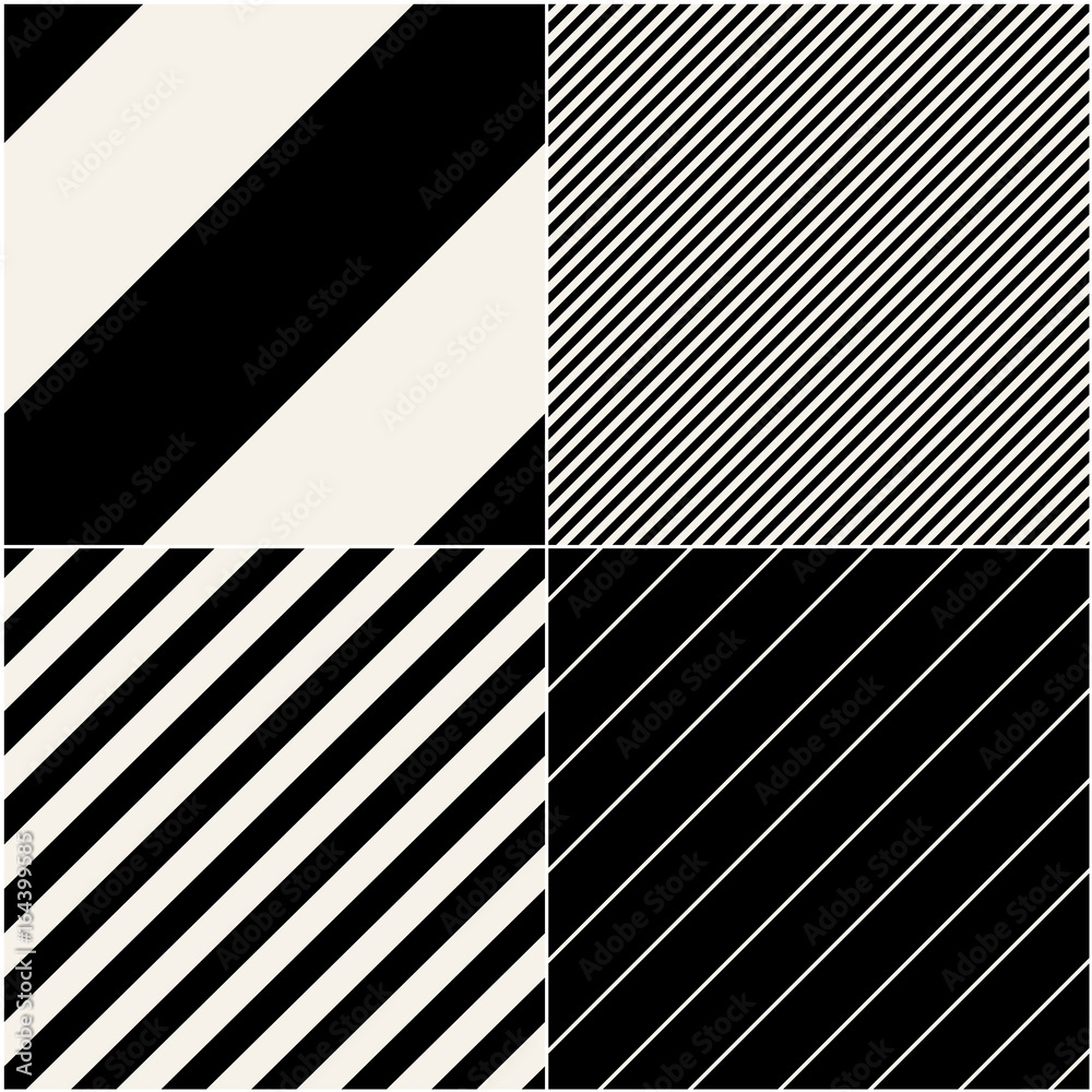 Poster Four diagonal patterns collection. Diagonal lines seamless black and white pattern. Repeat straight monochrome stripes texture background. Geometric vector background.