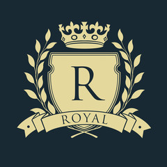 Royal coat of arms. Heraldic royal emblem shield with crown and laurel wreath. Vector illustration