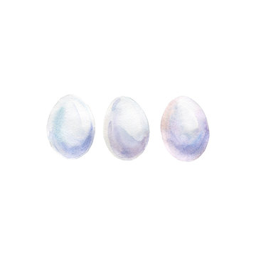 Watercolor set of hen white eggs isolated on white background. Hand drawn eggshell and proteins. Painting healthy organic food. Diet illustration