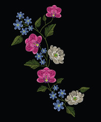Fototapeta premium Embroidery stitches with orchid, magnolia and hepatica flower.. Decoupage. Vector fashion ornament on black background for traditional floral decoration. Pattern for textile and fabrics.