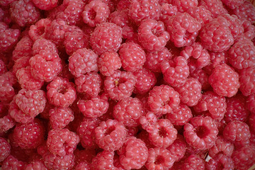 Heap raspberries background closeup