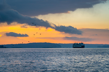 Ferry at sunrise puget sound