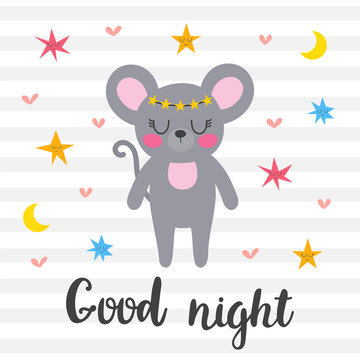 Good night. Inspirational quote. Hand drawn lettering. Motivational poster. Cute mouse